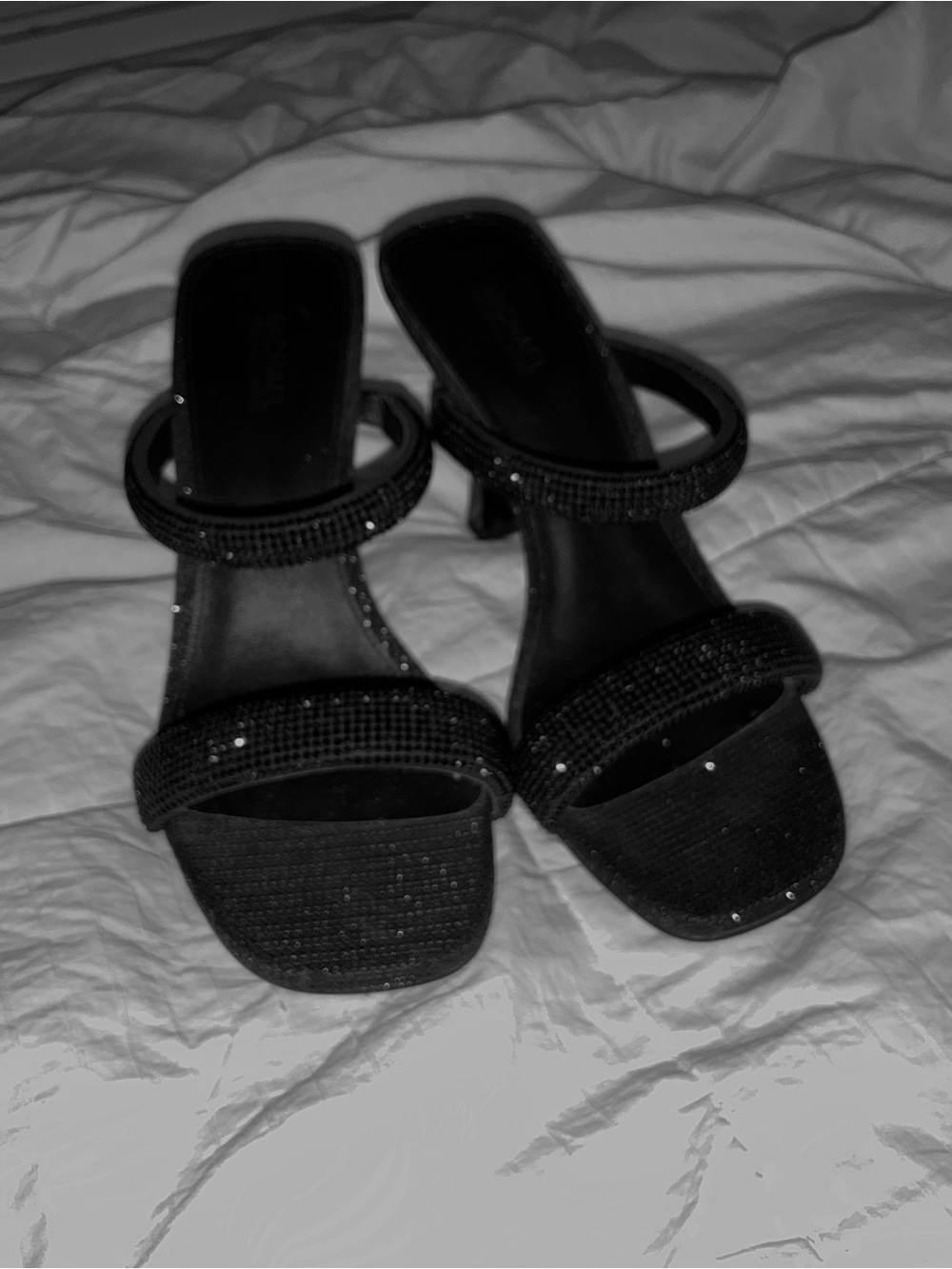 Rhinestone black Michael kors kitten heels strappy sandals slip on birthday club